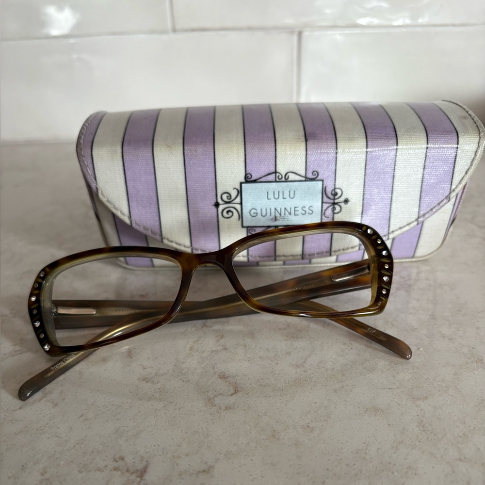 Vintage Lulu Guinness Tortoise Jeweled Frames with Funky Striped Case L414